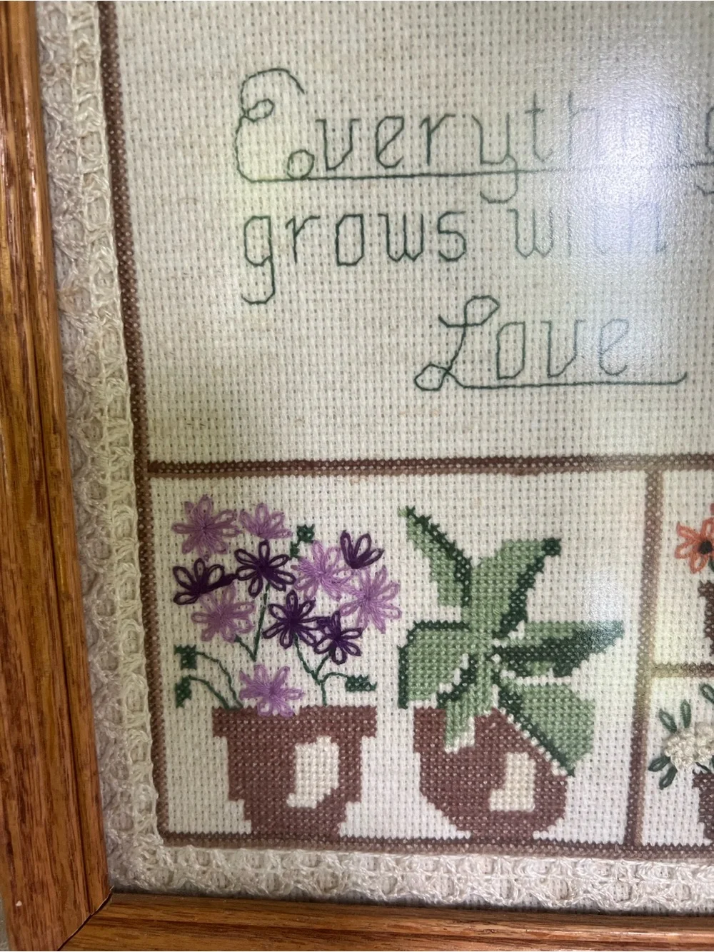 Framed Floral Cross-Stitch Wall Art - Brown Frame, Multicolor